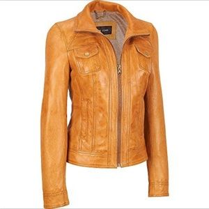 Black Rivet Cognac Tailored Leather Jacket | Pockets | Collar Ladies Size M NWT